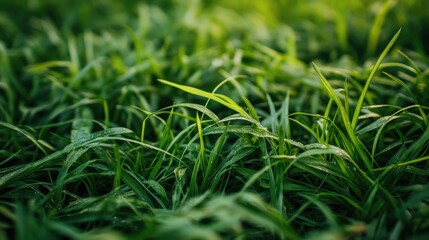 Obraz premium Close-Up of Lush Green Grass Blades with Dew Drops