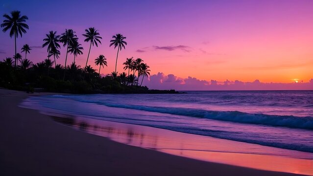 Vibrant Tropical Beach Sunset with Palm Tree Silhouettes Reflected in the Wet Sand under a Striking Purple and Orange Sky, 4k - Powered by Adobe