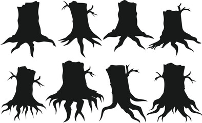 Collection of Silhouettes of Tree Stumps with Roots