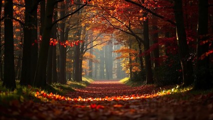 Fototapeta premium Enchanted Forest Path Covered in Fallen Red and Orange Leaves with Sunlight Shining Through the Autumn Foliage Canopy, 4k