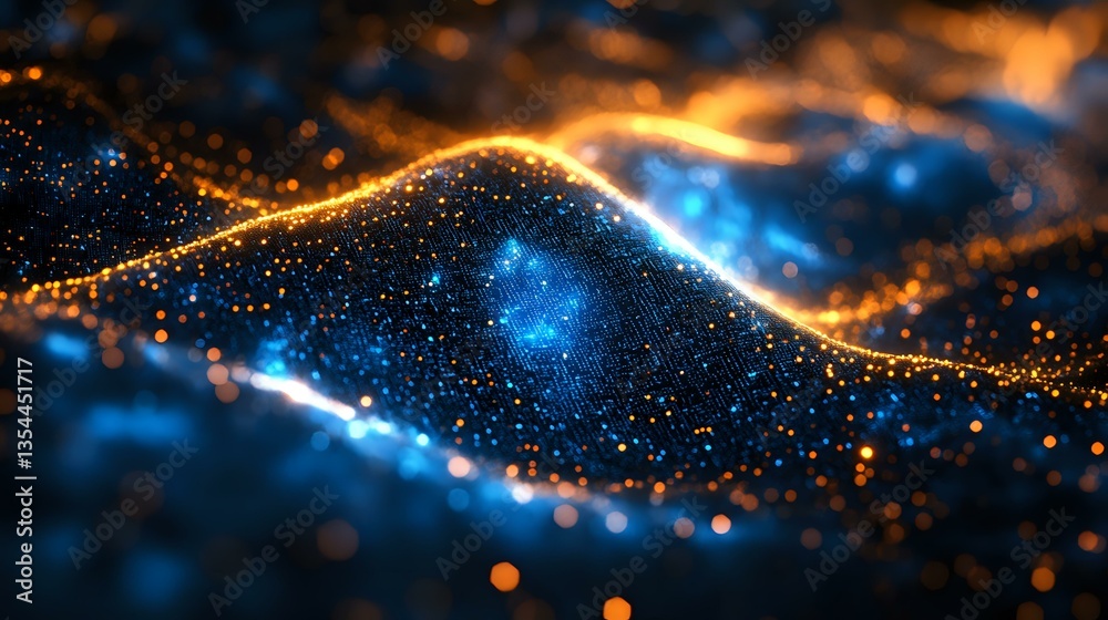 Poster glowing wave of golden and blue particles flowing in dark space creating dynamic abstract background