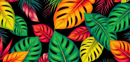 Vibrant tropical leaves seamless pattern, bright colors on dark background, element, jungle
