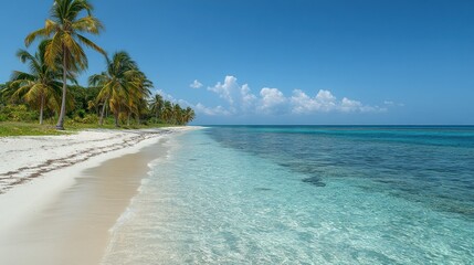Fototapeta premium Pristine tropical beach scene. Tranquil white sand shore meets turquoise ocean under a vibrant blue sky, fringed by swaying palm trees