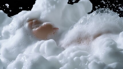 Fototapeta premium Foamy bath experience. A close-up view of a person's feet submerged in a generous amount of sudsy, white bath foam. Bubbles and splashes surround the feet