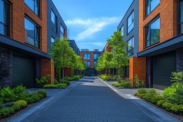 Modern townhouse complex featuring brick and dark siding with greenery