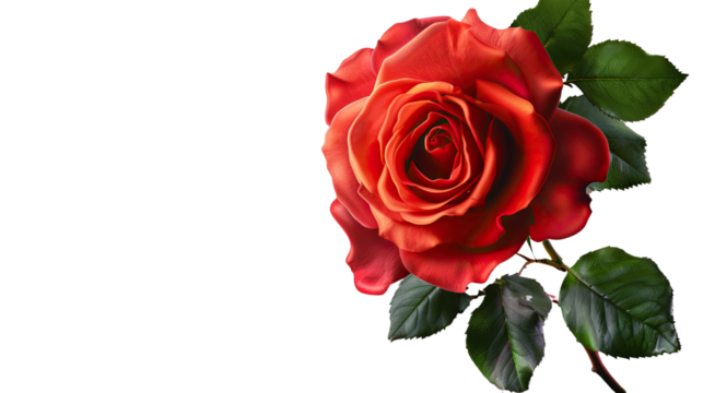 Crimson Bloom: A photorealistic close-up of a radiant red rose in full bloom, with lush green leaves, capturing the exquisite beauty and intricate details of the flower.