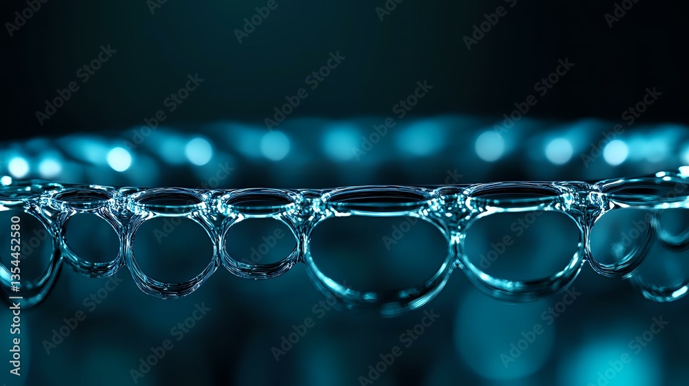 Poster macro photography of soap bubbles in dark blue water creating geometric circular patterns with light