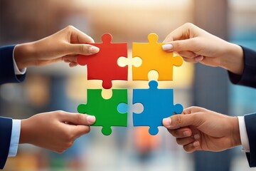 Close-up of business professionals assembling puzzle pieces, representing teamwork and goal achievement. (Puzzle)