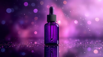 Purple glass dropper bottle on reflective surface with magical bokeh lights and sparkles in violet and pink tones, cosmetic product photography.