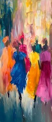 Colorful figures walking together impressionistic painting style.