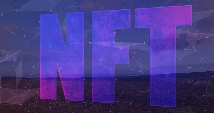 Bold purple NFT text over animation of digital network connections and landscape