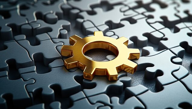 Golden gear amidst puzzle pieces.  A golden gear sits prominently on a surface of interlocking grey puzzle pieces.  The gear's polished gold contrasts with the muted gray.