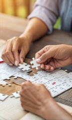 Close-up of hands precisely fitting puzzle pieces, symbolizing problem-solving and analytical thinking. (Puzzle)