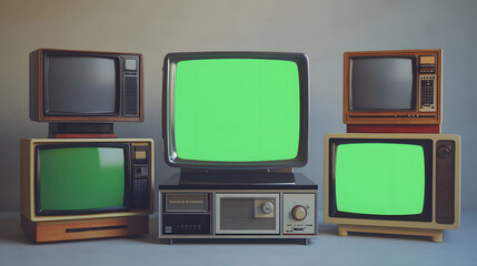 stack of old televisions with green screen, stacks of tvs monitors in empty clean room white indoor background group of old equipment devices graphic dynamic chroma key monitors 3d realistic render