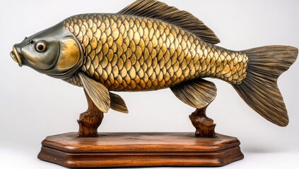 Ornate carp sculpture on wooden base. Detailed carving and golden scales depict a majestic fish
