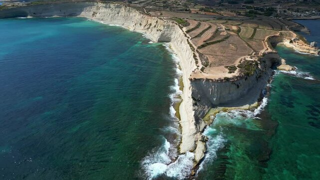 Aerial drone view, Marsaskala area from Munxar Path. Malta