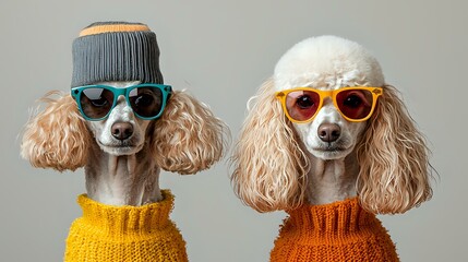 Two stylish poodles wearing knit sweaters and sunglasses pose against gray background, one in yellow and one in orange, showcasing trendy pet fashion.