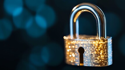 Glowing golden padlock with water drops on metallic surface against dark blue bokeh background creates mysterious atmosphere of security and protection.
