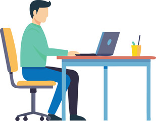 A stylized illustration of a man seated at a desk, working on a laptop.