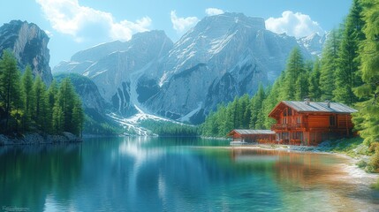 Fototapeta premium Alpine Lake House Serenity: Breathtaking Mountain View
