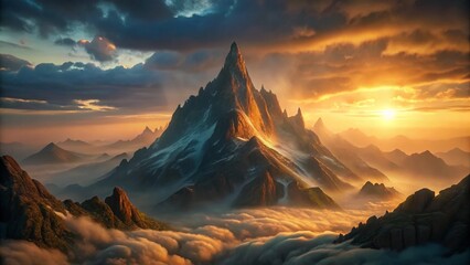 A breathtaking mountain peak emerging through thick mist at sunrise, with golden light illuminating the rugged cliffs. Ultra-detailed, cinematic lighting 