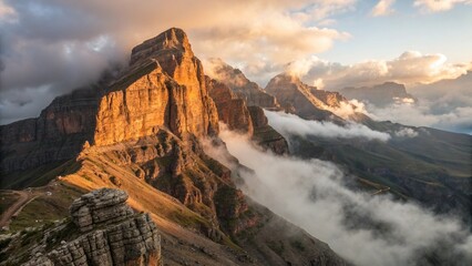 A breathtaking mountain peak emerging through thick mist at sunrise, with golden light illuminating the rugged cliffs. Ultra-detailed, cinematic lighting 