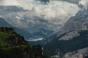 nature sceneries inside the Sass Pordoi, Sella mountain range, Dolomites, Val di Fassa, Italy