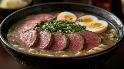 Rich, flavorful ramen with thinly sliced beef and soft-boiled eggs