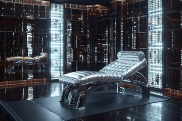 Luxurious Room with Chaise Lounge: Interior shot of an elegant room featuring a modern silver chaise lounge. The space is enhanced with a futuristic decor style, perfect for luxury themes. 