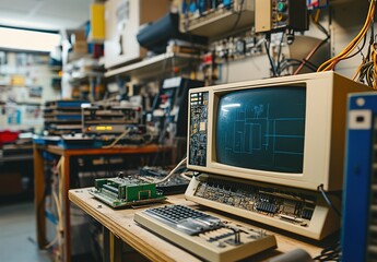 A vintage workbench with a retro computer, monitor, and various electronic components, cluttered bookshelf in the background