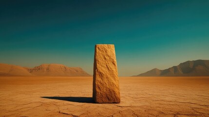 Solitary stone obelisk in arid landscape. 