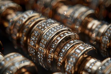 Exquisite Jewelry: The macro photograph captures the sparkle and luxury of intricately crafted jewelry, demonstrating the fine details of precious stones, sparkling gemstones, and gold