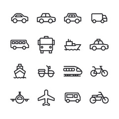 A set of black and white icons of various vehicles including cars, buses, trains