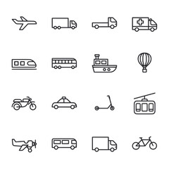 A set of black and white icons of various vehicles including cars, buses, trains