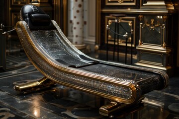 The Golden Relaxation: An opulent relaxation bed, crafted with intricate gold detailing, sits regally in a room with classic design elements. This luxurious setting exudes elegance and comfort.