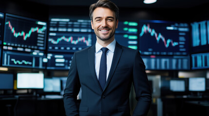 Successful stock traders with smiles on their faces, in a high-tech, modern trading room surrounded by real-time financial data displays, in a lively and energetic atmosphere