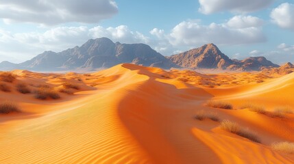 Naklejka premium Majestic Arabian Desert Landscape: Golden Sands and Rugged Mountains