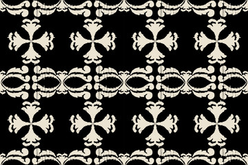 Carpet ikat floral pattern,fabric pattern on navy blue background vector illustration.Ikat ethnic oriental embroidery.Aztec style,abstract background.design for texture,clothing,decoration,carpet,rug.