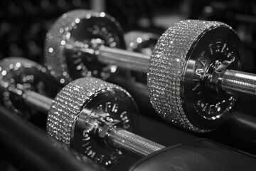 Sparkling Weights: Close-up shot showcases a pair of gym weights, exuding opulence and luxury with their gleaming finish. Captured in stunning black and white.
