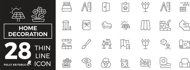Home Decoration Icons set of web and mobile in thin line style. Decorating Icons & Symbols Containing home interior, house, gardening, modern, parquet floor, architecture, home improvement and more