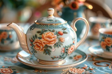 A close-up of freshly brewed tea in an elegant teapot, with delicate teacups and floral patterns on the table