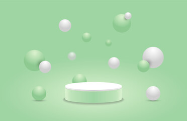 Realistic 3D cylinder podium or stage for show product with sphere balls bouncing on the air. Green studio room. Scene for showcase. 3D vector geometric platform design. 3D vector rendering