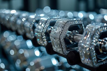 Luxury Exercise: Exquisite diamond-encrusted weights gleam in the light, showcasing opulence and a lavish approach to fitness and health.