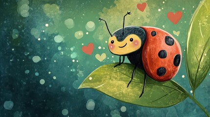A childlike doodle of a cute ladybug sitting on a leaf, with hearts and smiley faces drawn around it