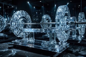 Crystal Strength: A striking, artistic composition featuring a weightlifting set, sculpted from dazzling crystal, reflecting an unconventional approach to fitness and power.
