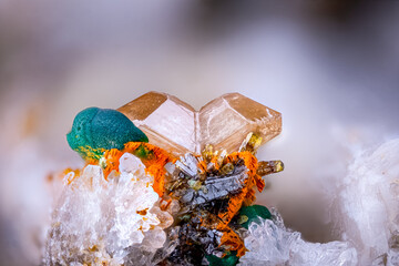 Twin Cerussite, green Malachite, and dark yellow Mimetite. Specimen from Mas Dieu, Laval-Pradel,...