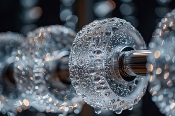 Translucent Droplets: A macro shot showcases water droplets glistening on a metal rod, with a blurred, ethereal backdrop and soft lighting.