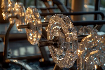 Crystal Dumbbells on Rack: a close-up shot of a series of crystal dumbbells, artfully arranged on a sleek, dark metal rack, exuding luxury and strength. 