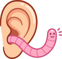 Cartoon earworm funny drawing. Cute worm sticking out from ear. Isolated vector clip art illustration.