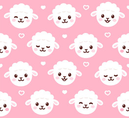 Cute cartoon lamb face pattern. Kawaii baby sheep on pink background with heart doodles. Simple vector illustration.
